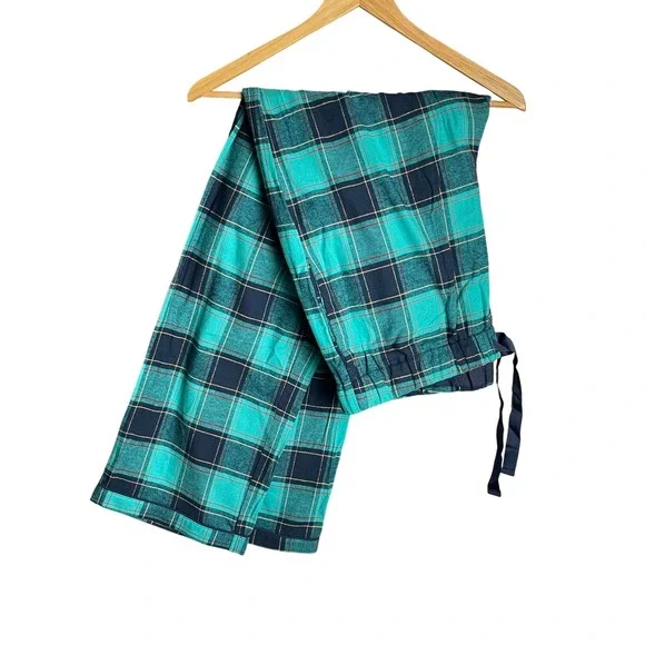 Lands End Womens Teal Navy Blue Plaid Flannel Pajama Set Cotton Size L - Picture 7 of 8